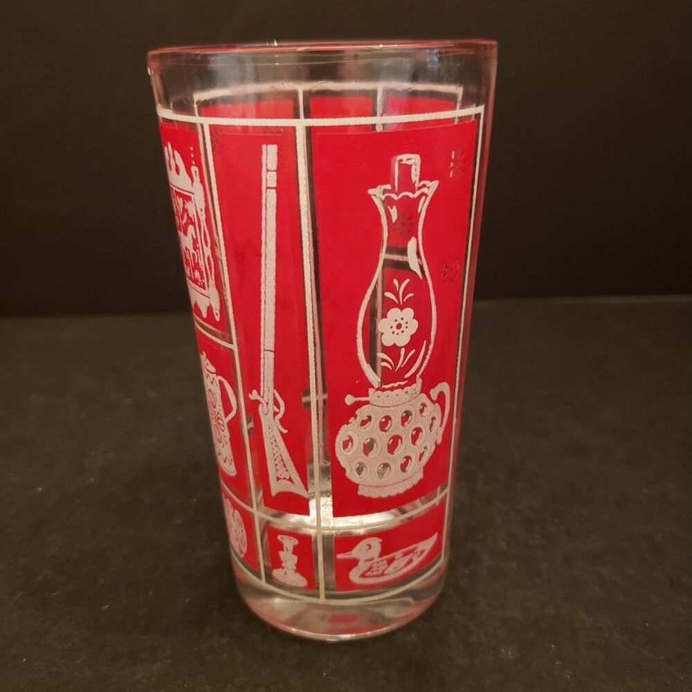 Red Libbey Drinking Glass Colonial Old Time Pioneer Americana 1950s Vintage